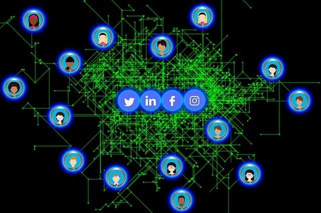 Image showing several individuals connected through social media represented by the icons.