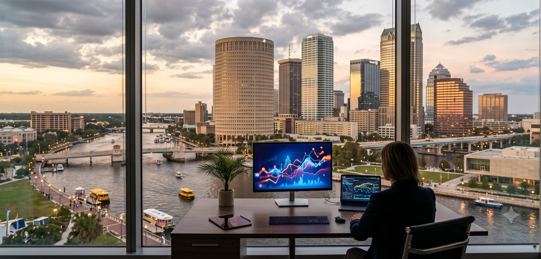 Gemini generated view of downtown Tampa from a high-rise office.